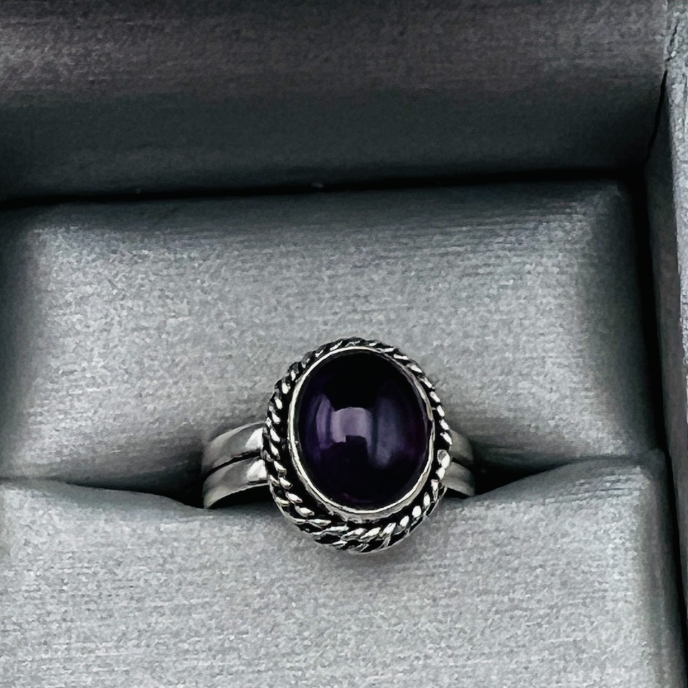 Amethyst Cabochon Ring Silver Tone Statement Boho Vintage Style Size 9 1/2